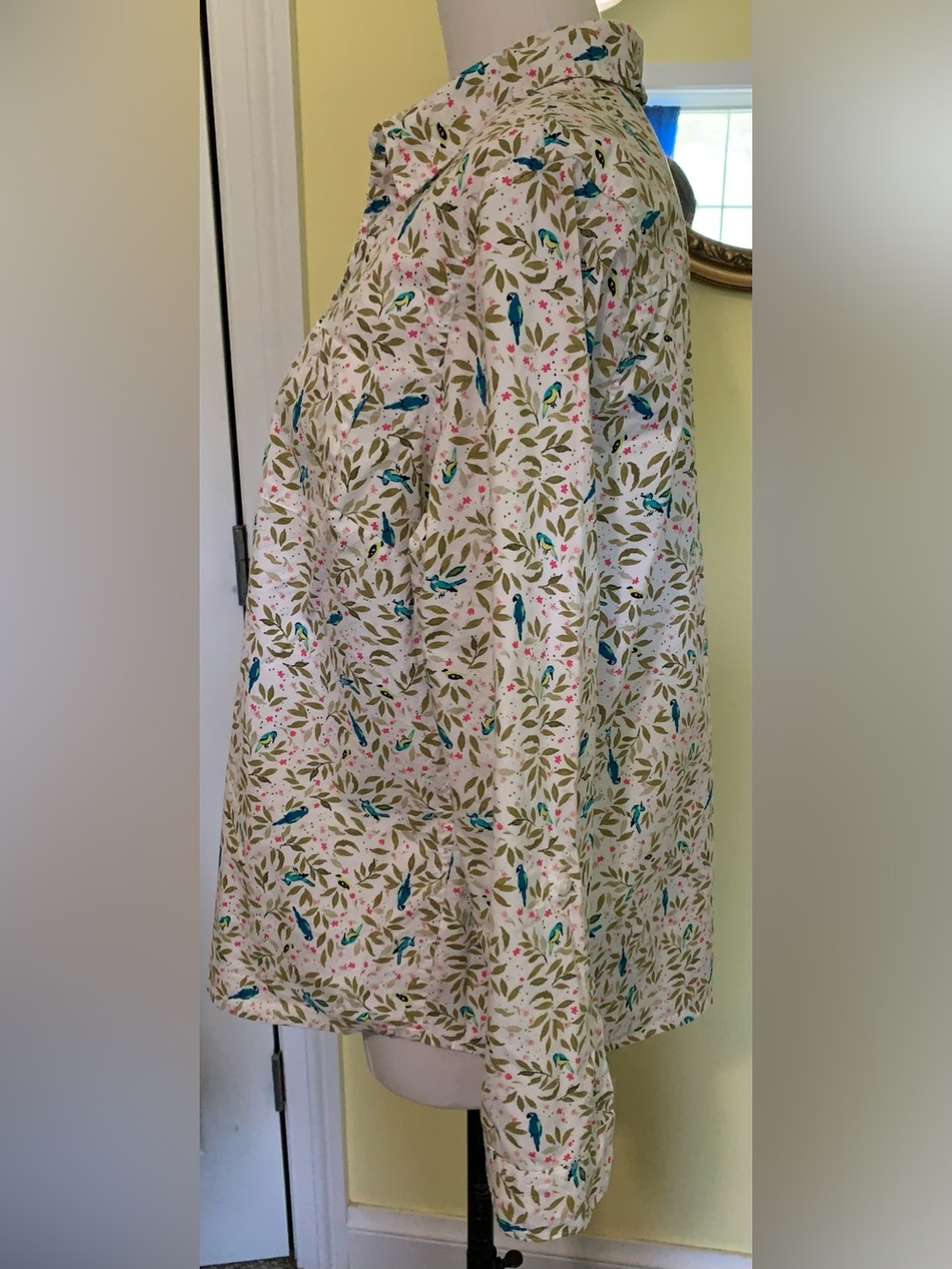 Cotton Blue Bird Print Button Blouse Floral Adjustable Button Tab Sleeve - Picture 4 of 9